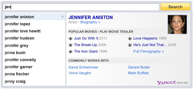 Search Direct Screenshot - Query: jen, Soft-selection: Jennifer Aniston