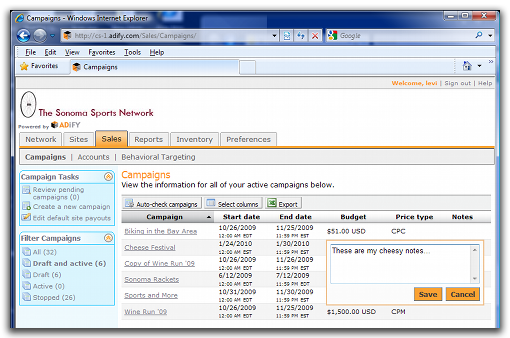 Screenshot of Adify's Network Campaigns page, which uses YUI DataTable.