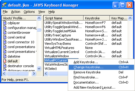 Screen shot of the Keyboard Manager dialog in JAWS .