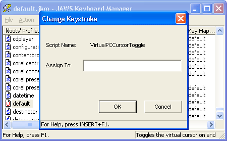 Screen shot of the Change Keystroke dialog in JAWS.