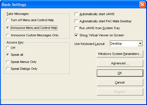 Screen shot of the Basic Settings dialog in JAWS.