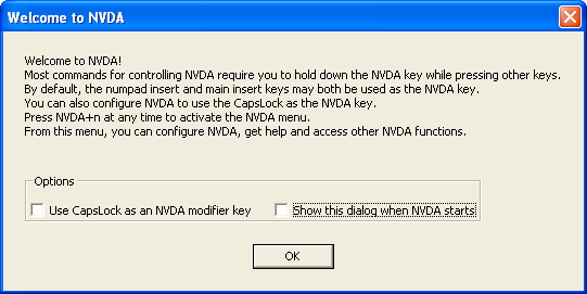 Screen shot of the NVDA welcome dialog