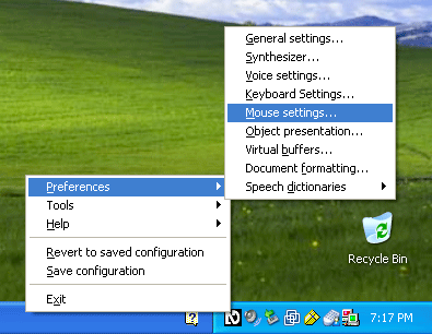 Screen shot of the NVDA system tray context menu.
