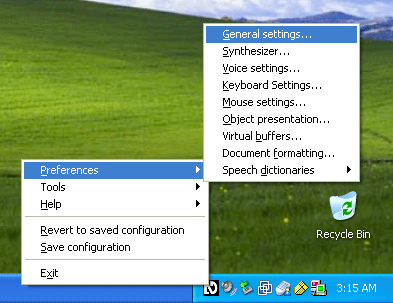 Screen shot of the NVDA system tray context menu.