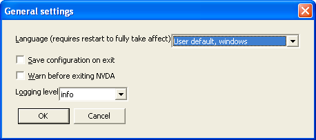 Screen shot of the General settings dialog in NVDA.