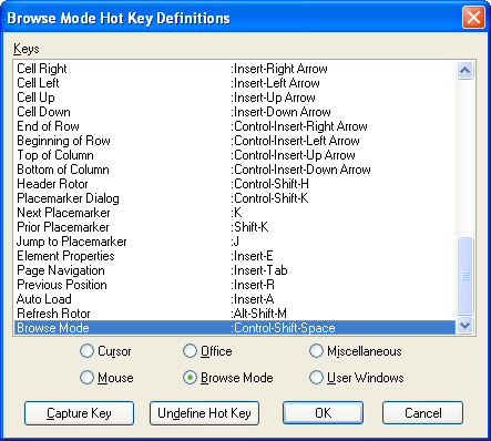 Screen shot of the Browse Mode Hot Key Definitions dialog in Window-Eyes.
