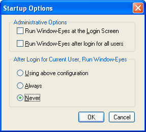 Screen shot of the Startup Options dialog in Window-Eyes.