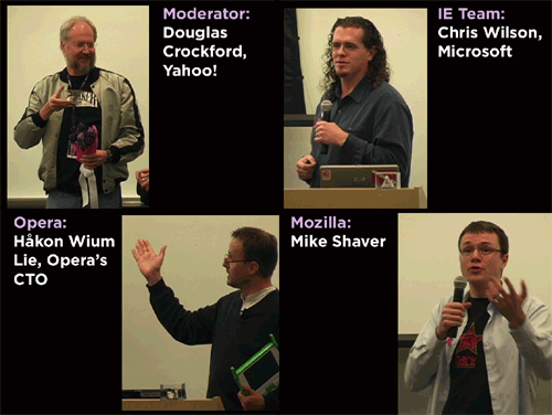 Browser Wars Episode II was moderated by Yahoo!'s Douglas Crockford; Chris Wilson attended on behalf of Microsoft, Hakon Lie on behalf of Opera, and Mike Shaver on behalf of Mozilla