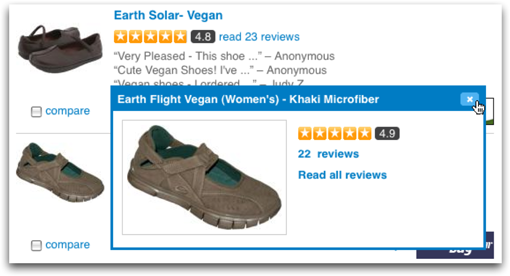 The YUI Overlay on Buzillions.com; click through to check out their redesign using YUI 2.6.0.