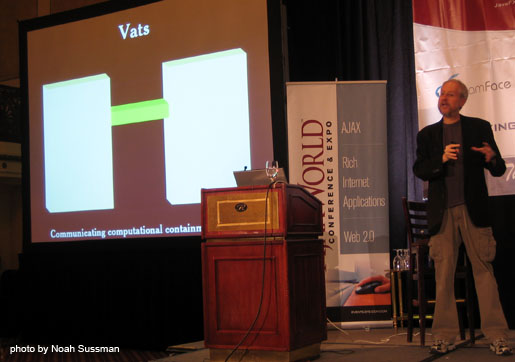 Douglas Crockford speaking at AjaxWorld East 2008; photo by Noah Sussman.