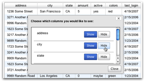 The DataTable and its new show/hide column interface.