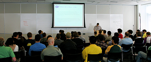 Matt Sweeney addresses developers at the Yahoo Developer Day/Open Hack Day in Sunnyvale; Sept. 29, 2006