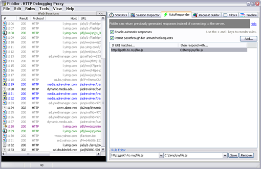 The Fiddler Autoresponder tab.