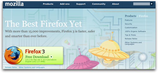 YUI 2.5.1 is deployed on Mozilla's Firefox product page.