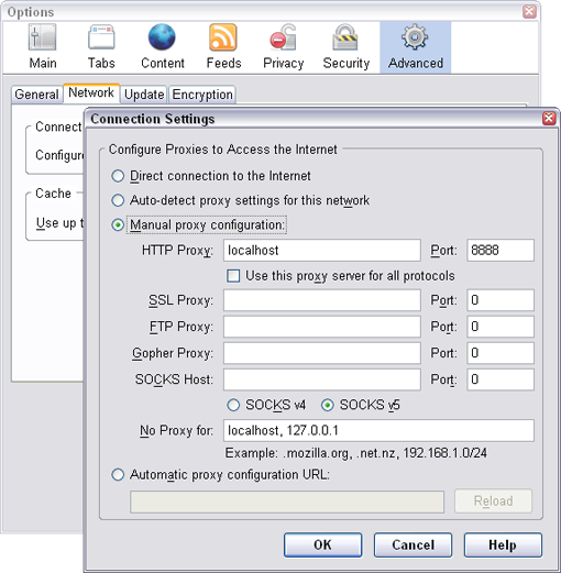 Setting up Firefox's options in preparation for using Fiddler.