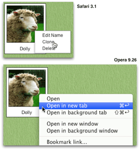 The YUI Menu Control's ContextMenu in Safari (top) and Opera (bottom); Opera does not allow developers to customize the context menu in web applications.