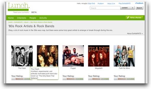 The Lunch.com UI, employing YUI overlays for contextual popups in the ExhiliRATE feature.