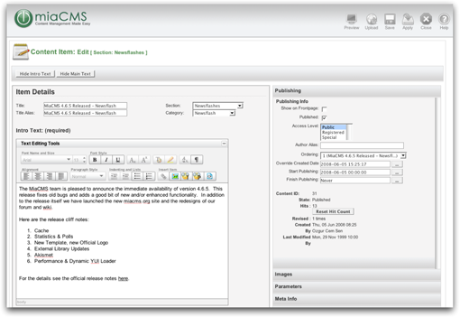YUI Rich Text Editor on MiaCMS.
