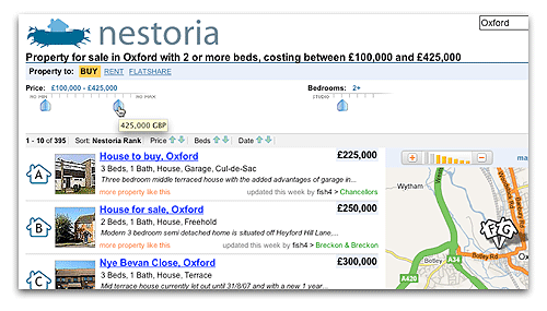 Nestoria's interface allows you to use sliders to select a price range and features like the numbers of bedrooms and bathrooms.