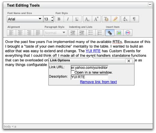 Editing links in the YUI RTE.