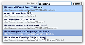 The instant-search interface on the YUI website.