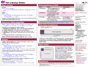 Cheat Sheets, like this one for the Slider Control, are condensed one-page documents designed to help you get oriented to and get started with YUI components.