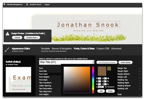 Screenshot of Squarespace design view page.