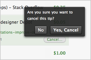 Screenshot showing the confirmation overlay that appears when canceling a tip