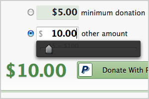 Screenshot showing the overlay which contains a slider to allow a custom amount to be set when donating to TipTheWeb