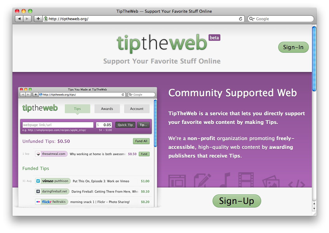 Screenshot showing the Landing page of tiptheweb.org