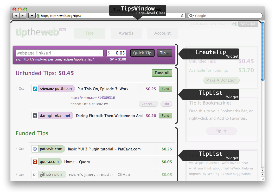 Annotated diagram labeling the main Widgets and Components that make up the Tips page of TipTheWeb