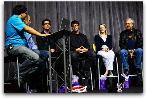 A panel of thought leaders and influencers in the world of frontend engineering on stage at Yahoo for a special panel discussion at YUIConf.